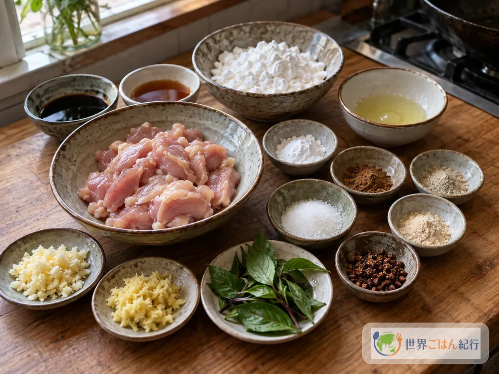 鹹酥雞の材料の鶏もも肉、五香粉、紹興酒、しょうゆ、さつまいもでん粉、卵白、タイバジル、花椒