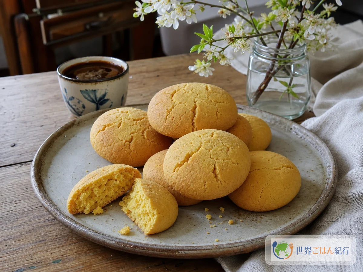 割った断面が見えるアルバニアのとうもろこし粉菓子バロクメ