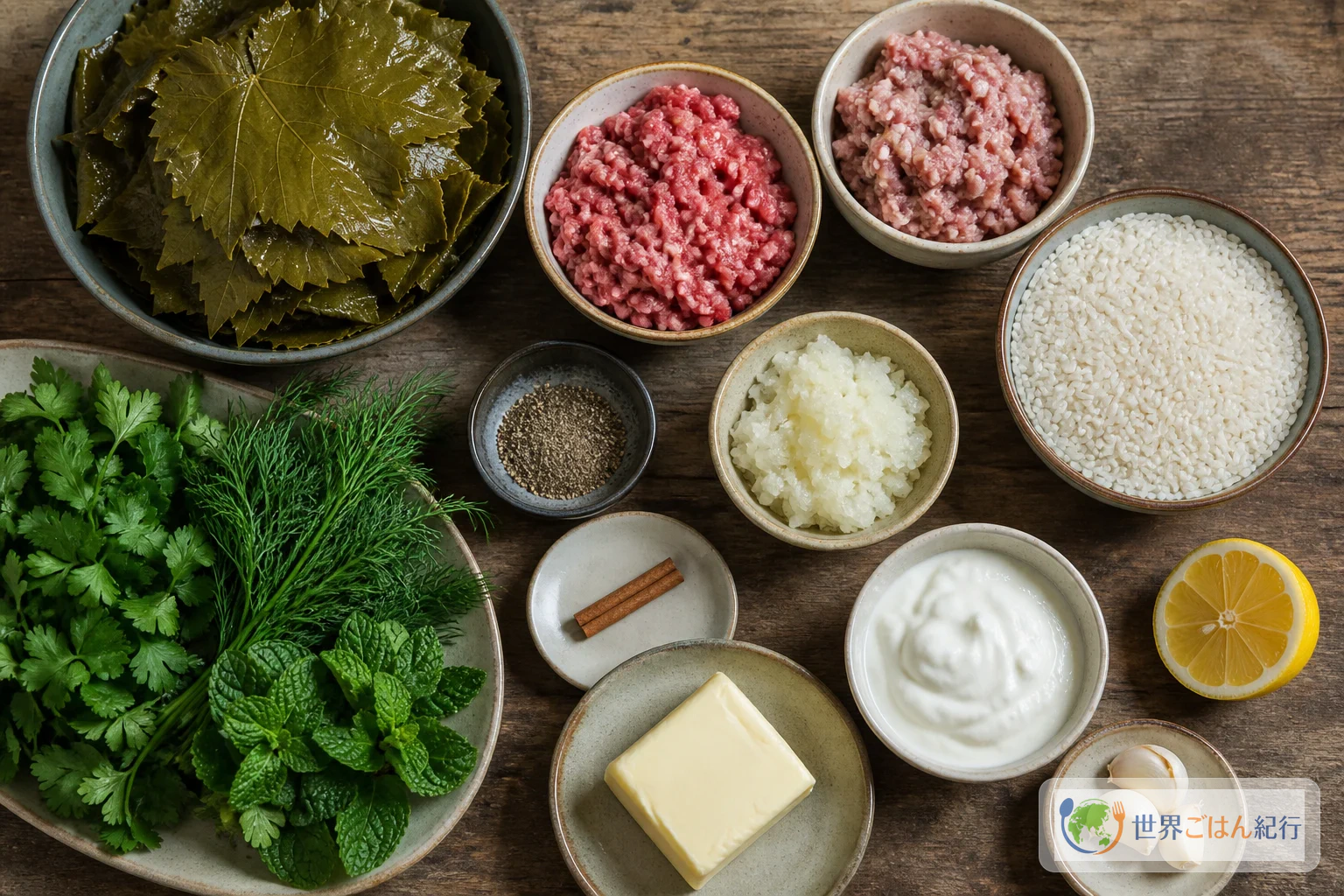 ラムひき肉、牛ひき肉、ぶどう葉、米、玉ねぎ、三種の香草を並べたドルマの材料