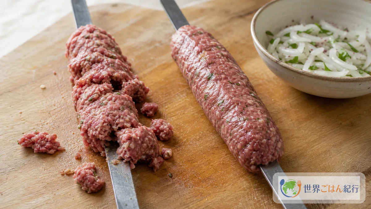 串から割れて落ちそうな肉だねと、平串にしっかり付いた肉だねを比べた工程