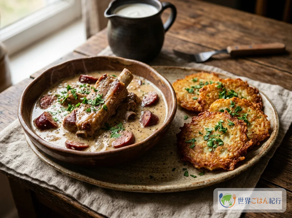 ベラルーシの伝統料理マチャンカ。豚肉とソーセージのサワークリーム煮込みが土色の陶器に盛られ、横にジャガイモパンケーキのドラニキが添えられている