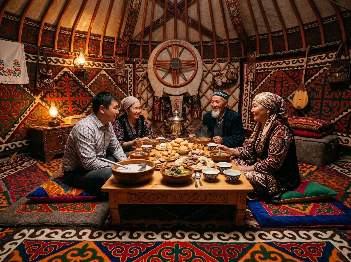 カザフスタンの伝統的なユルト内での食事風景。ダスタルハンに料理が並ぶ