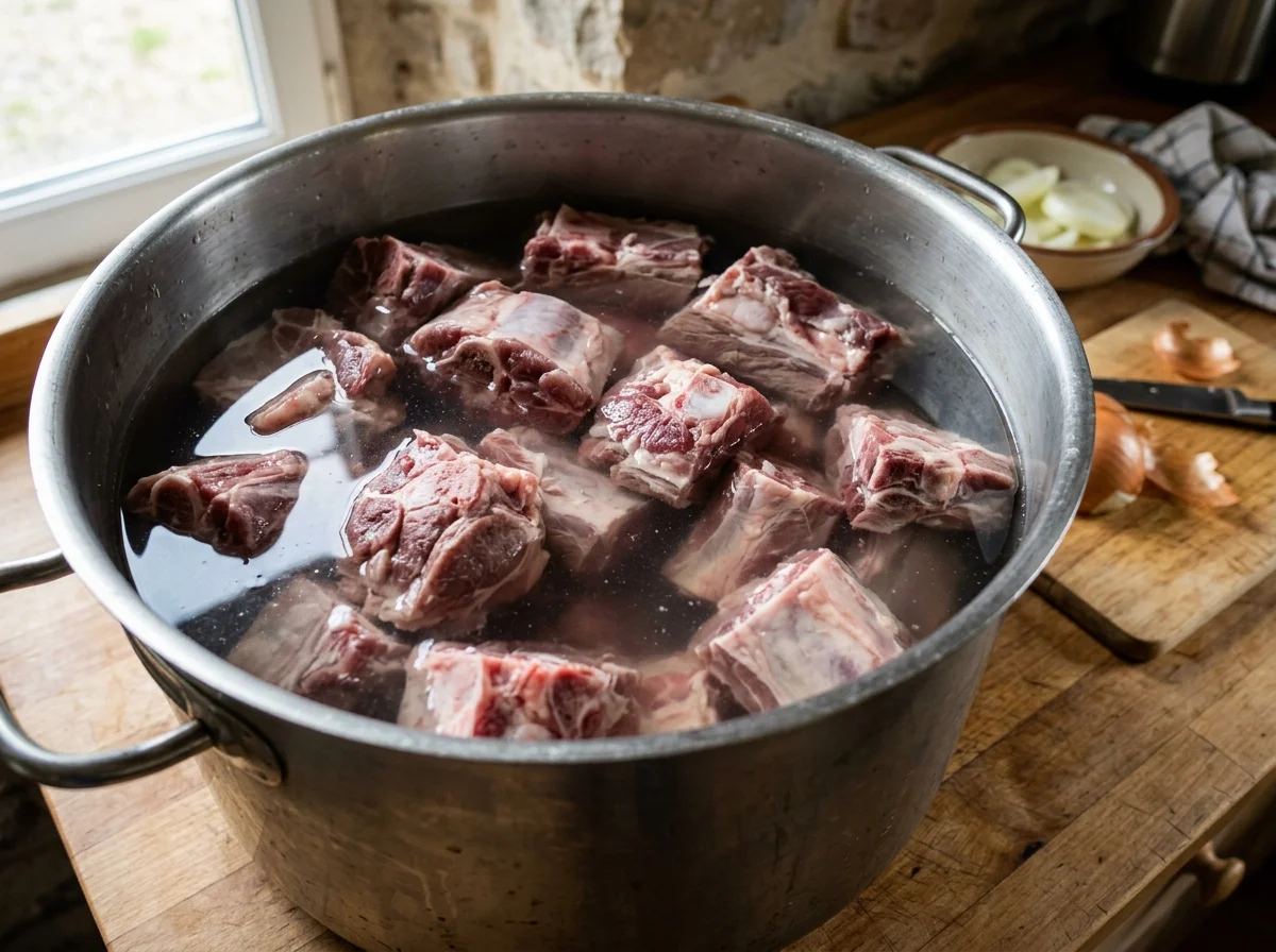 茹でる前の肉の準備。骨付きラム肉を大鍋に入れてたっぷりの水で煮込む