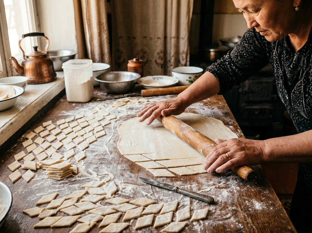 手順3: 生地をこねる（15分＋休ませ30分） — ボウルに強力粉300g、卵1個、水100ml、塩小さじ1/2を入れ、手でまとめる。台の上で10分こね、なめらかな生地にする。ラップで包んで30分休ませる。グルテンが落ち着き、伸ばしやすくなる。