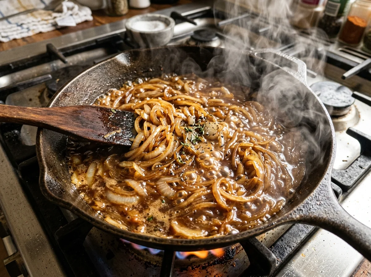 手順6: 玉ねぎを煮る（15分） — フライパンに肉の茹で汁300mlを入れ、薄切りの玉ねぎ3個分を加える。塩小さじ1、黒こしょうを加え、中火で15分煮る。玉ねぎが半透明になり、茹で汁を吸ってしんなりしたらOK。油で炒めるのではなく、スープで煮るのがカザフ式。