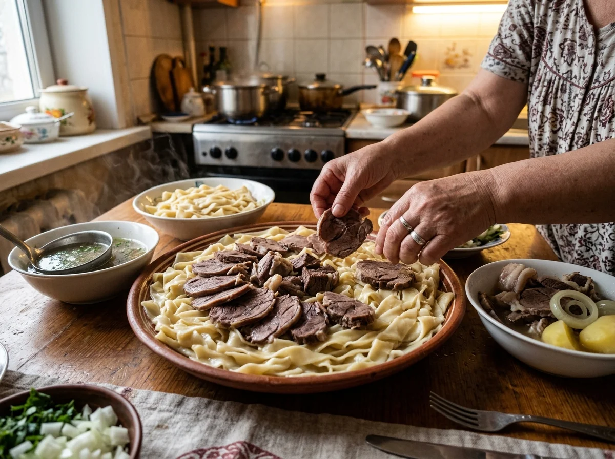 手順7: 組み立てる（5分） — 大きな丸皿（直径30cm以上が理想）に茹でた麺を広げるように敷く。その上にほぐした肉を散らし、玉ねぎソース（トゥズダク）をたっぷりかける。刻んだパセリまたはディルを散らして完成。ソルパは別の器に注ぎ、食事の最初と最後に飲む。