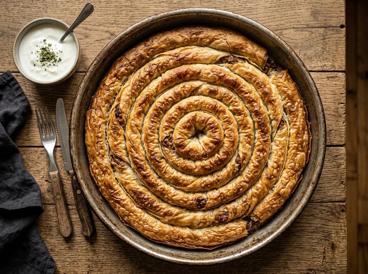 ブレクの黄金色の表面。パリパリのフィロ生地が光を反射している