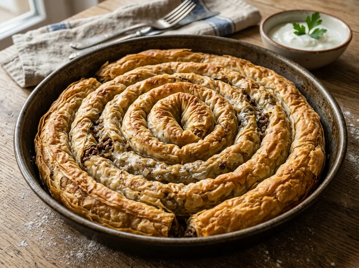 黄金色に焼き上がったボスニアのブレク。渦巻き状のフィロ生地パイが丸い鍋に美しく収まっている