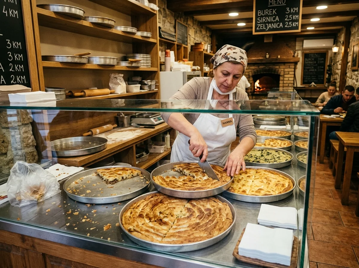 ブレグジニツァ（ブレク専門店）の店内。大きなテプシヤにブレクやシルニツァが並ぶ