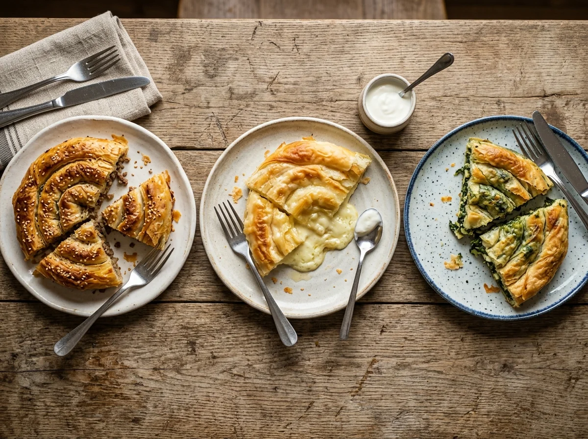 さまざまなブレクのバリエーション。肉・チーズ・ほうれん草の3種が並ぶ