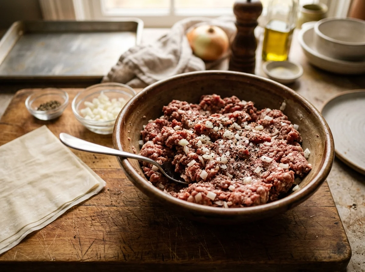 挽肉フィリング。牛挽肉と玉ねぎを塩・胡椒で味付けしたシンプルな材料