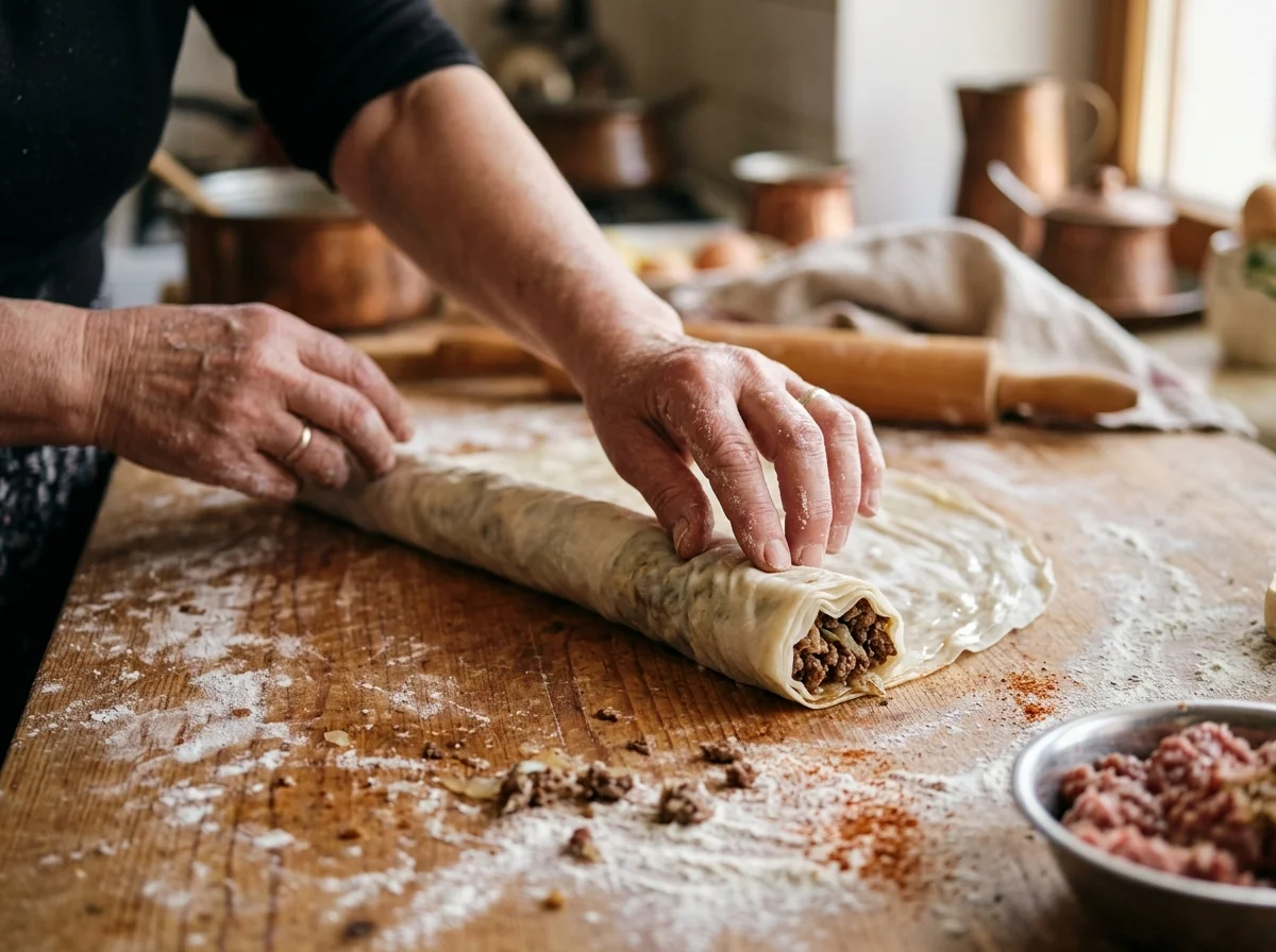 手順3: 伸ばした生地全体に油を薄く塗り、手前に挽肉フィリングを帯状に乗せる