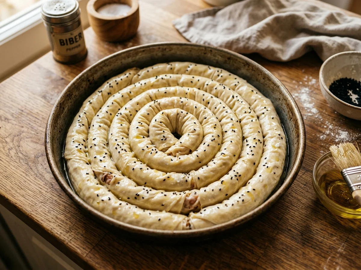 手順4: 手前からゆるく巻いてロール状にし、渦巻き状にテプシヤ（丸鍋）に並べる。全体に油を塗り、180度のオーブンで40〜45分焼く