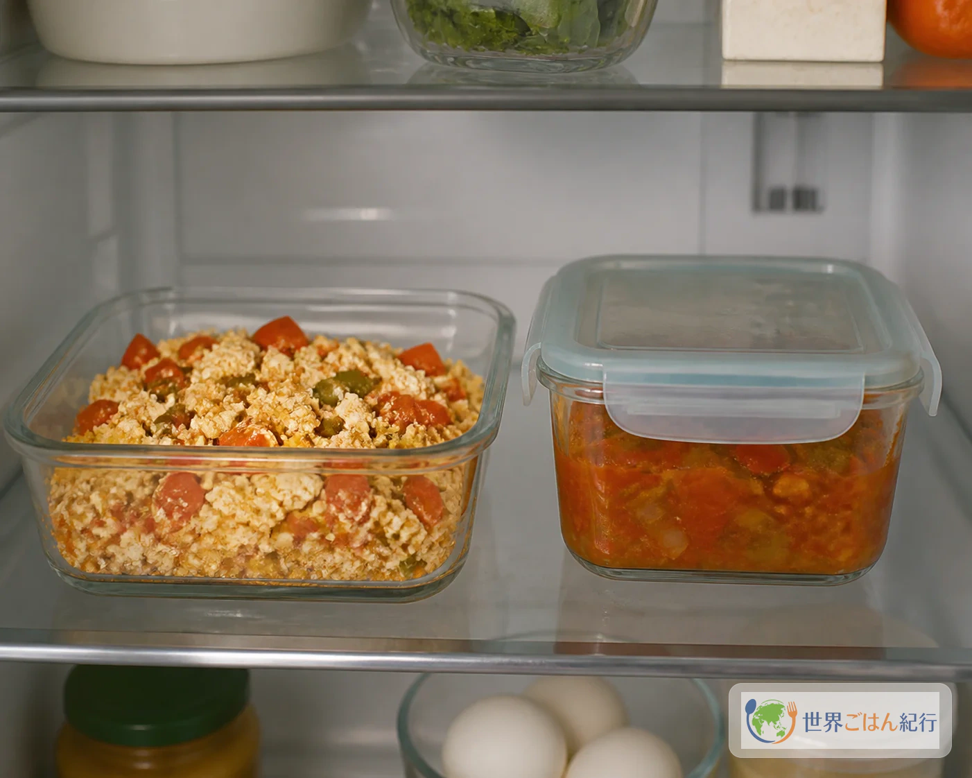卵を加えたミッシュマッシュと卵を入れる前の野菜ベースを保存容器に分けた冷蔵庫