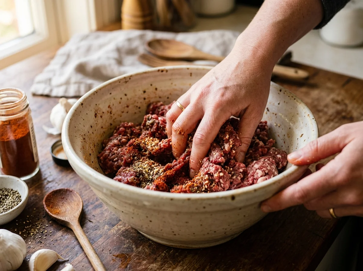 挽肉とスパイスがボウルで混ぜられている