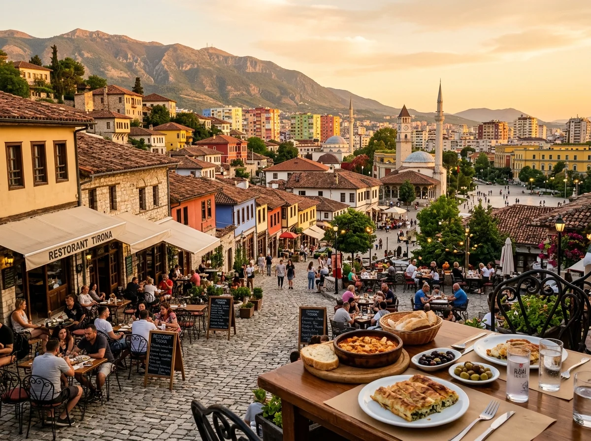 アルバニアの伝統的な食文化。ティラナのカフェと街並み