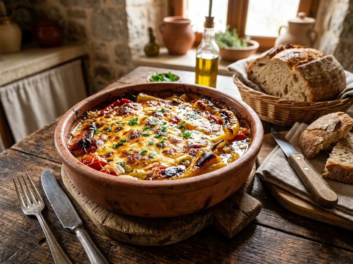 アルバニアの国民食フェルケセ。焼きパプリカとトマト、溶けた白チーズが土鍋の中で黄金色に焼き上がった一皿