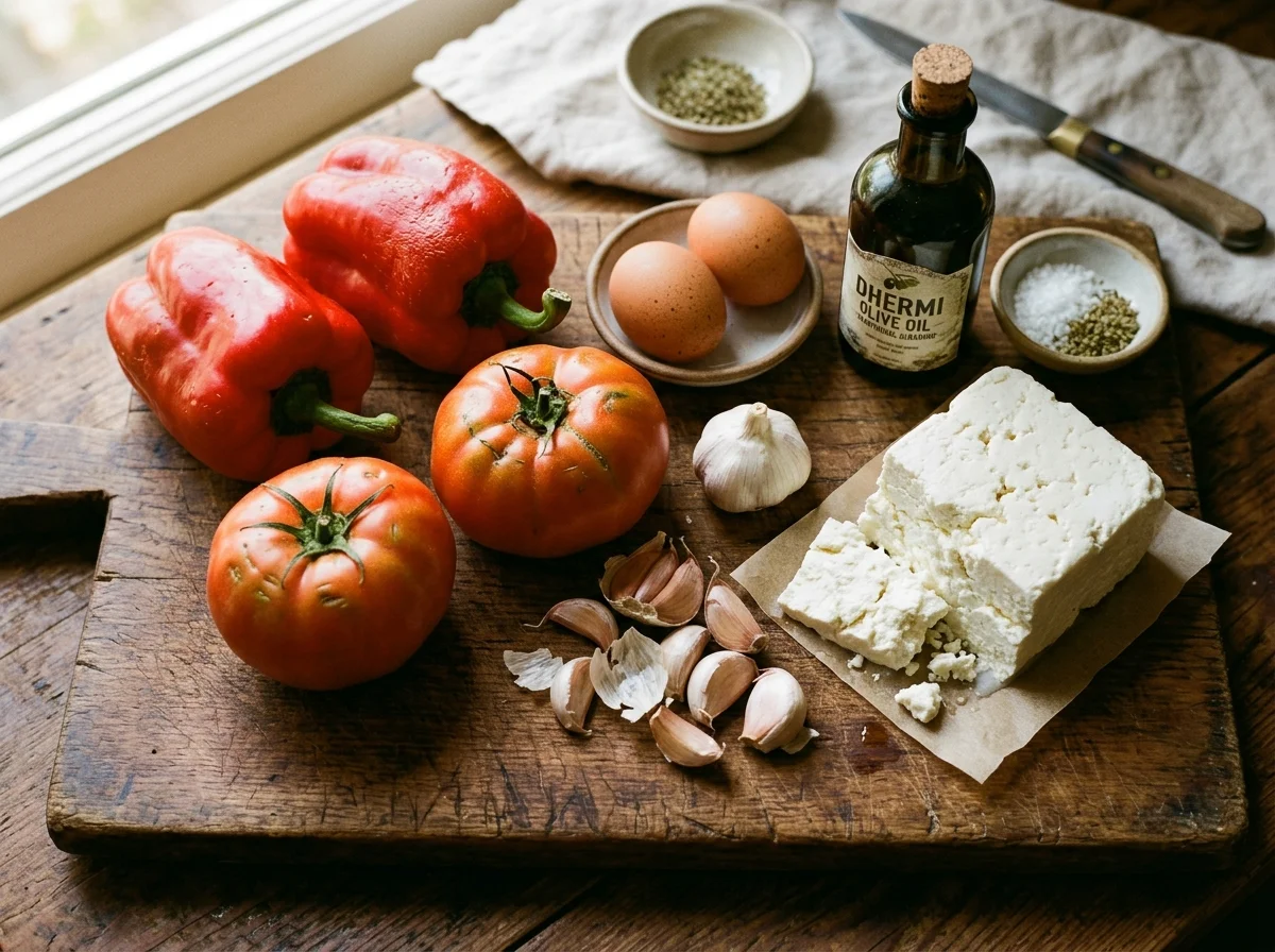 フェルケセの主要食材。赤パプリカ、トマト、白チーズ、卵、にんにく、オリーブオイルが並ぶ