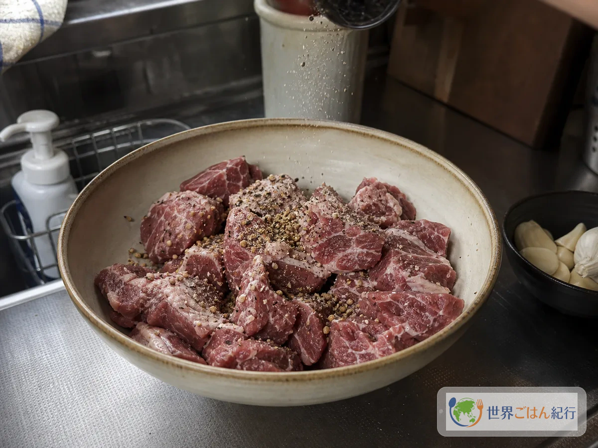 手順1: 肉に塩と香りを入れる