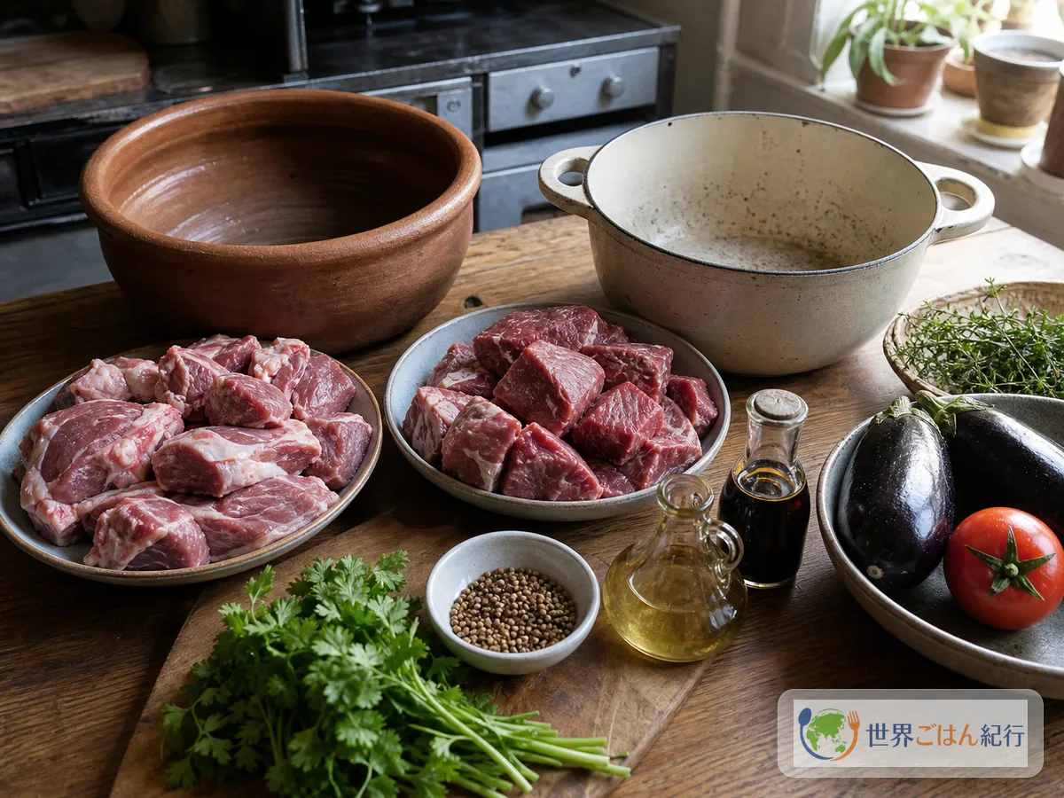ラム肉と牛肩肉、土鍋と厚手鍋、コリアンダー、ざくろモラセスを並べた代替食材の比較
