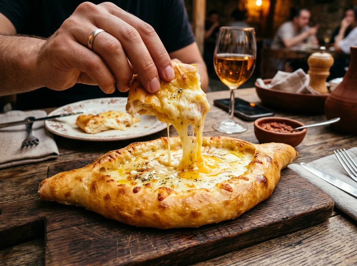 パンの縁をちぎってとろけるチーズに絡めて食べる様子