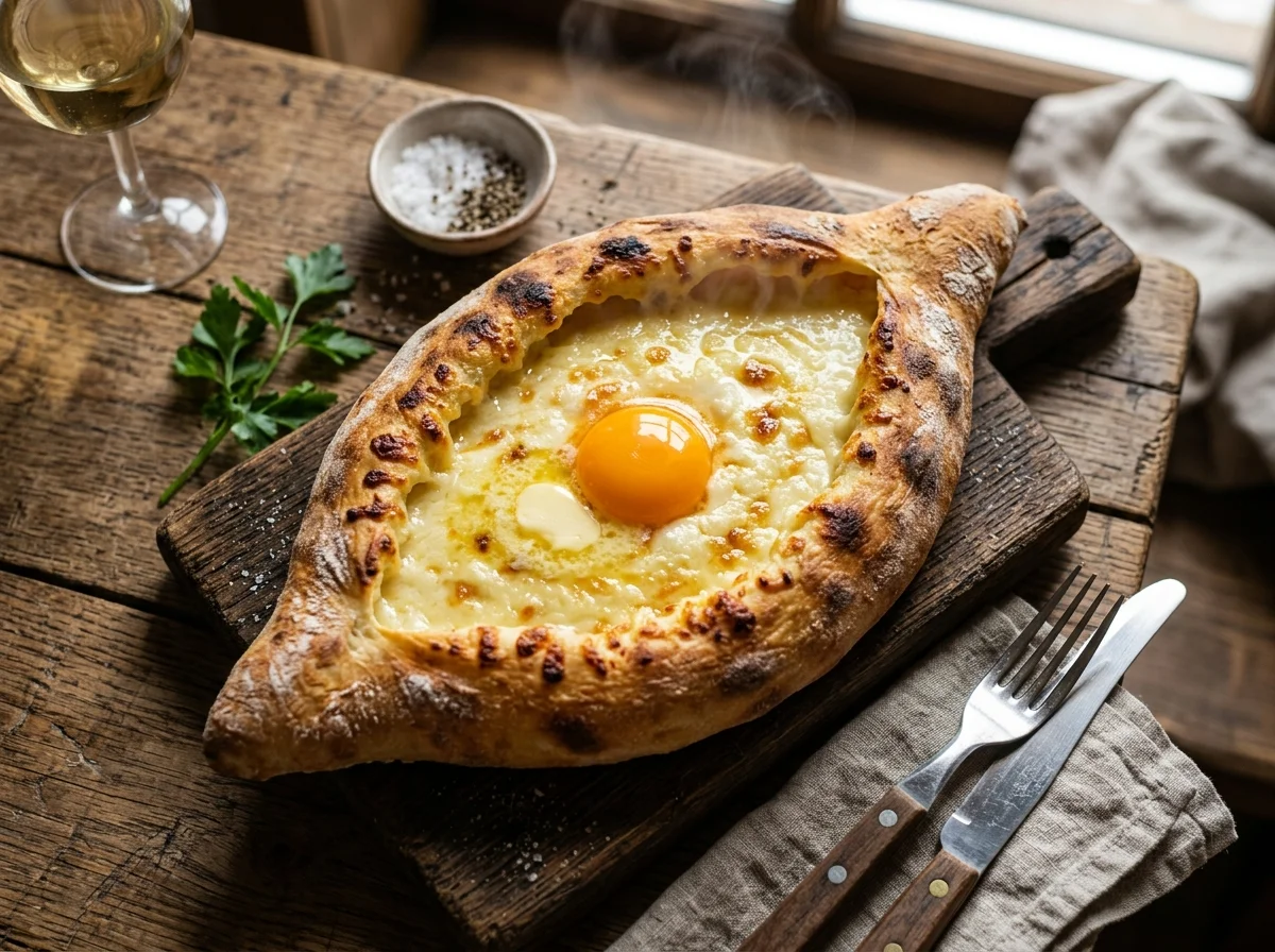 黄金色に焼けたアジャラ式ハチャプリに卵黄とバターが溶け込む