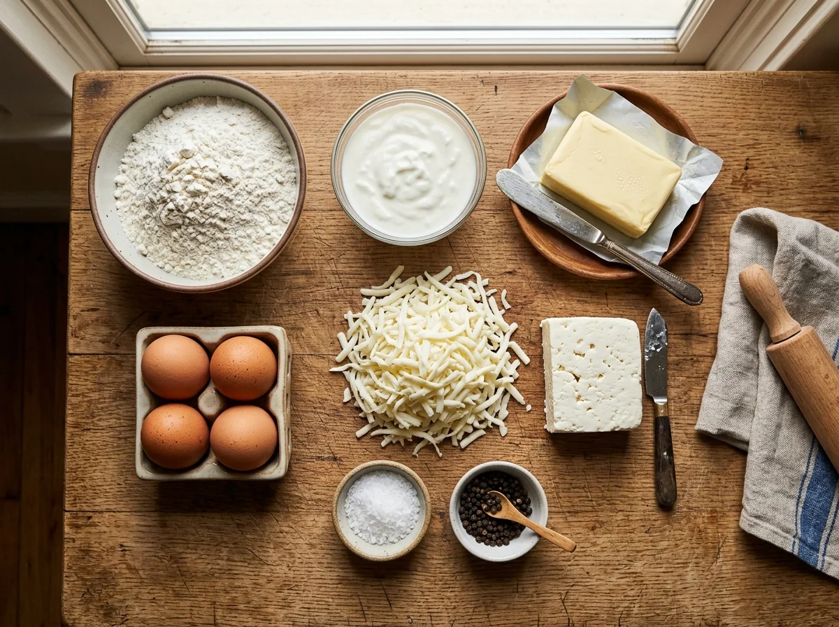 ハチャプリの材料を並べた様子。小麦粉、卵、ヨーグルト、チーズ