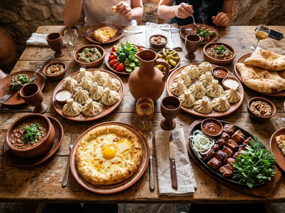 ジョージアの伝統的なスプラ(宴席)のテーブルに並ぶ料理