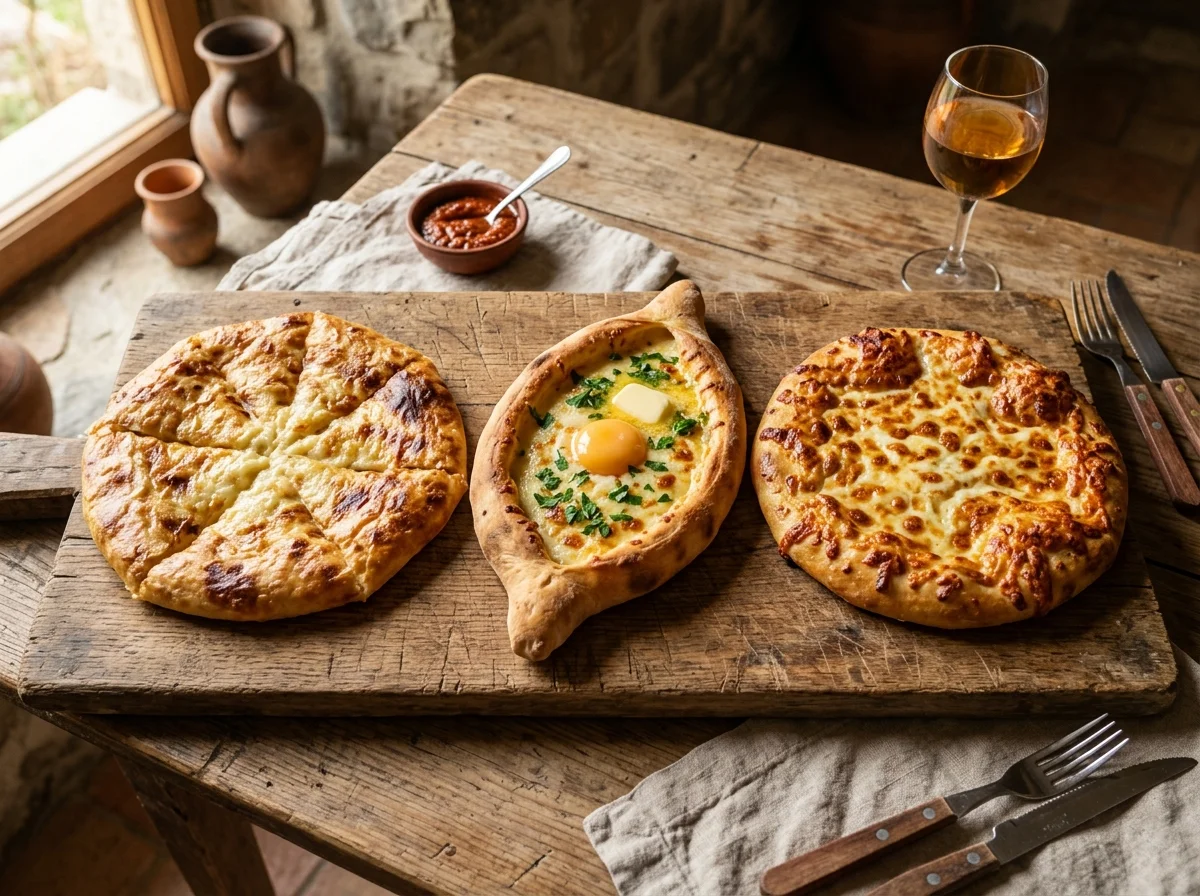 3種類のハチャプリ(アジャラ式、イメレティ式、メグレリ式)を並べた様子