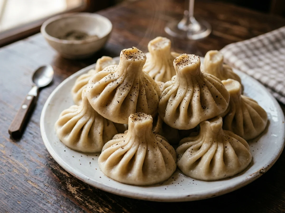 黒こしょうが振られたジョージアのヒンカリがたっぷり盛られた皿