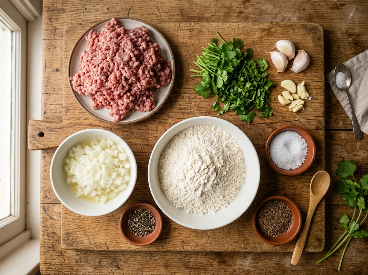 ヒンカリの材料。ひき肉、玉ねぎ、パクチー、スパイス、小麦粉