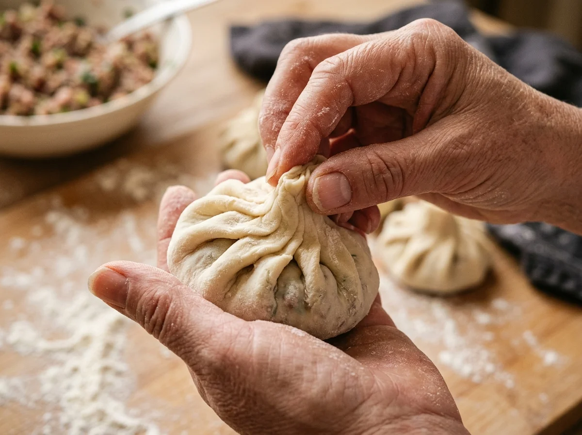 手順4: ひだを寄せて包む ―― ヒンカリの核心