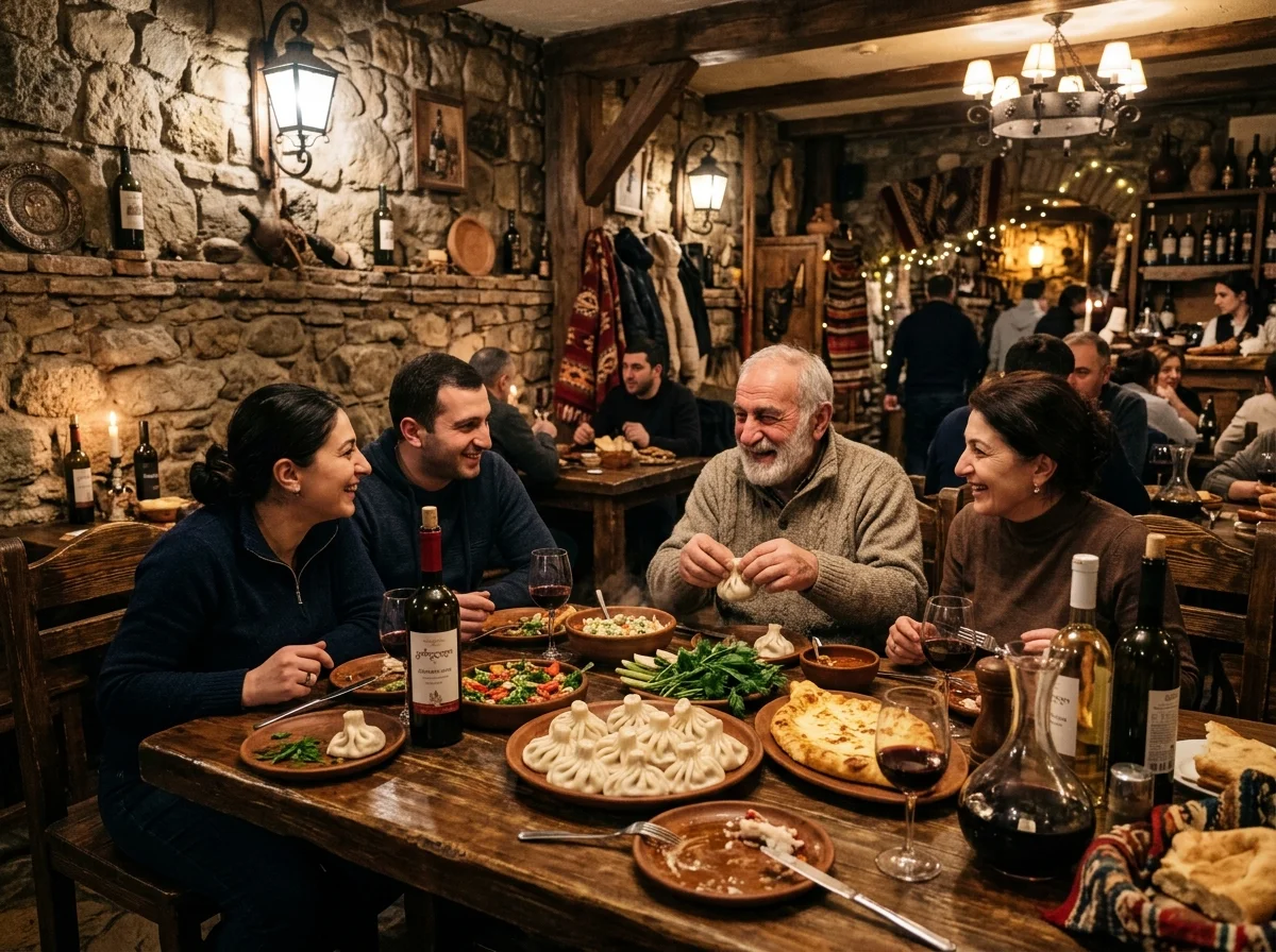 ジョージアのレストランでヒンカリを囲む風景