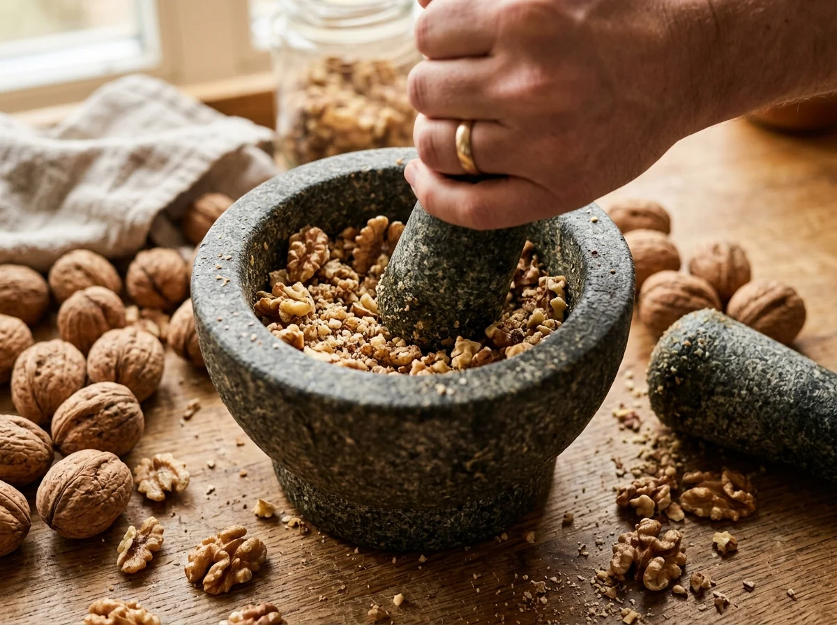 すり鉢でくるみを潰している様子。周囲にはくるみの殻が散らばる