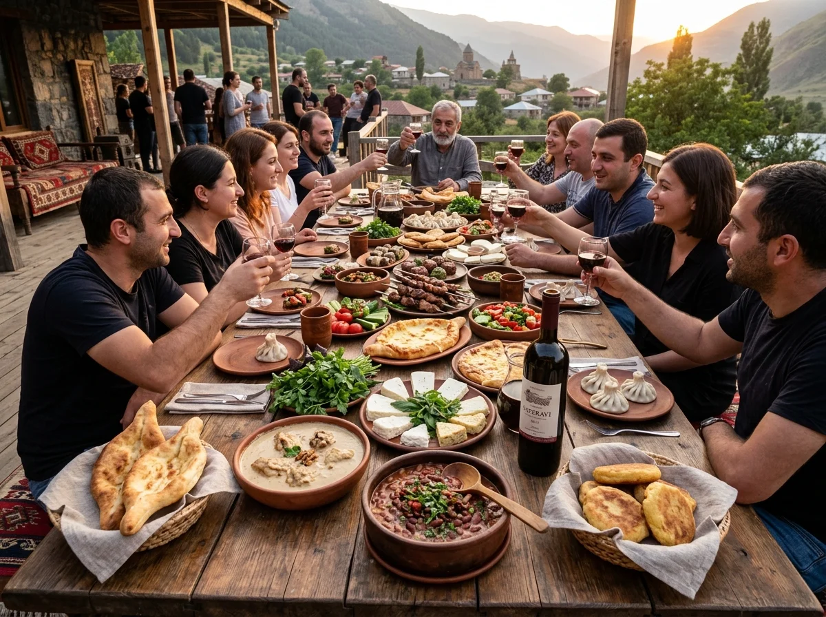 ジョージアの伝統的なスプラ(宴席)の食卓。サチヴィ、ロビオ、パン、ワインなどが並ぶ
