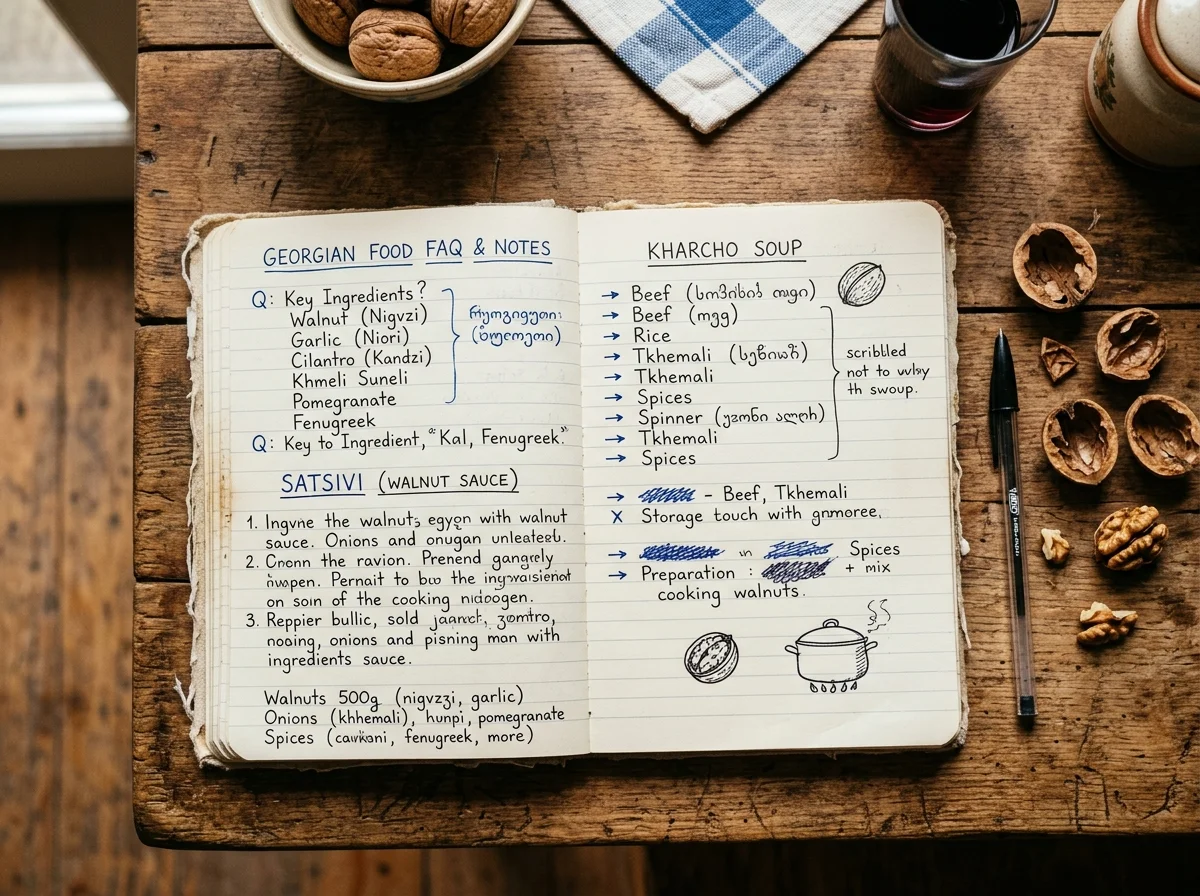 開かれたレシピノートとくるみの殻が木のテーブルに置かれている