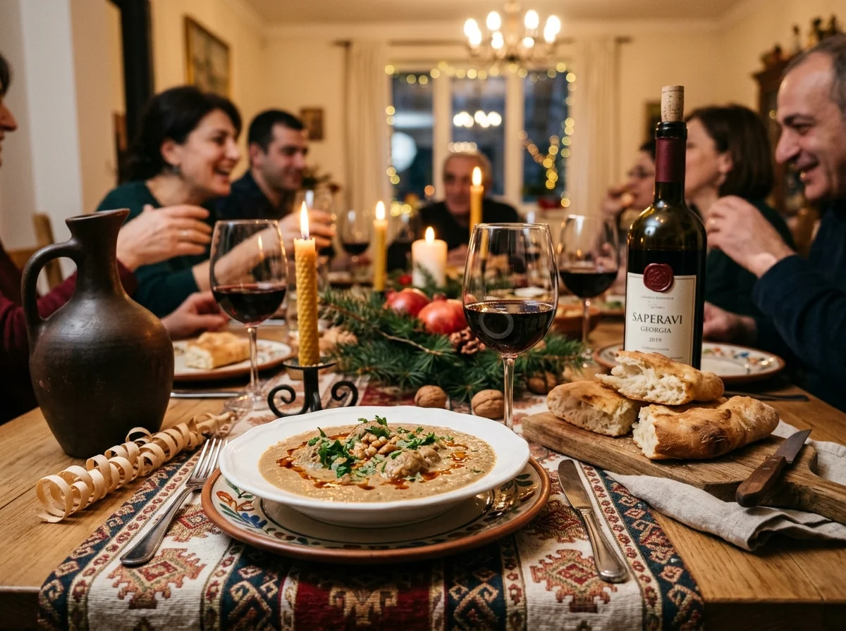 新年のディナーテーブルにサチヴィが並ぶ様子。ろうそくの灯りとジョージアのパンが添えられている
