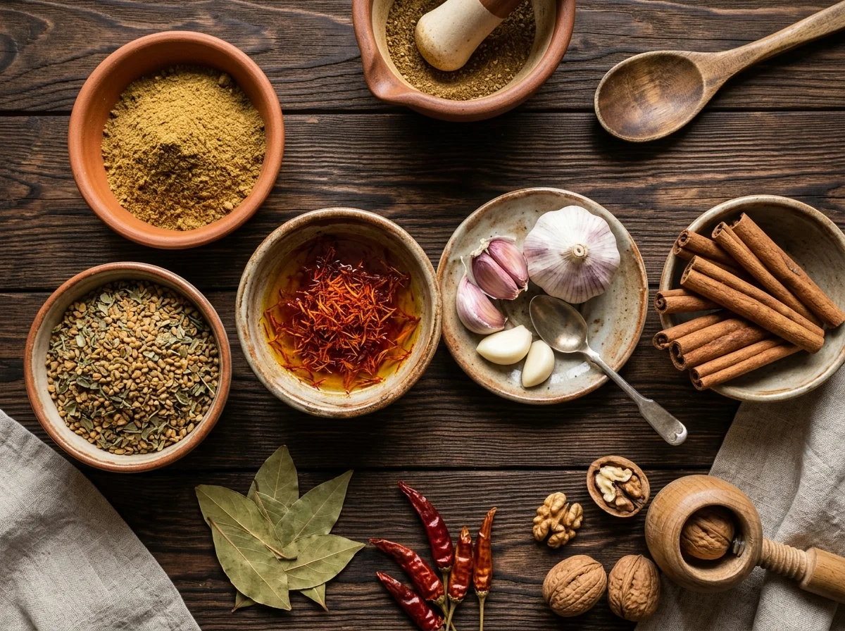 サチヴィに使うスパイス類。コリアンダー、フェヌグリーク、シナモン、にんにく、サフランが小皿に盛られている