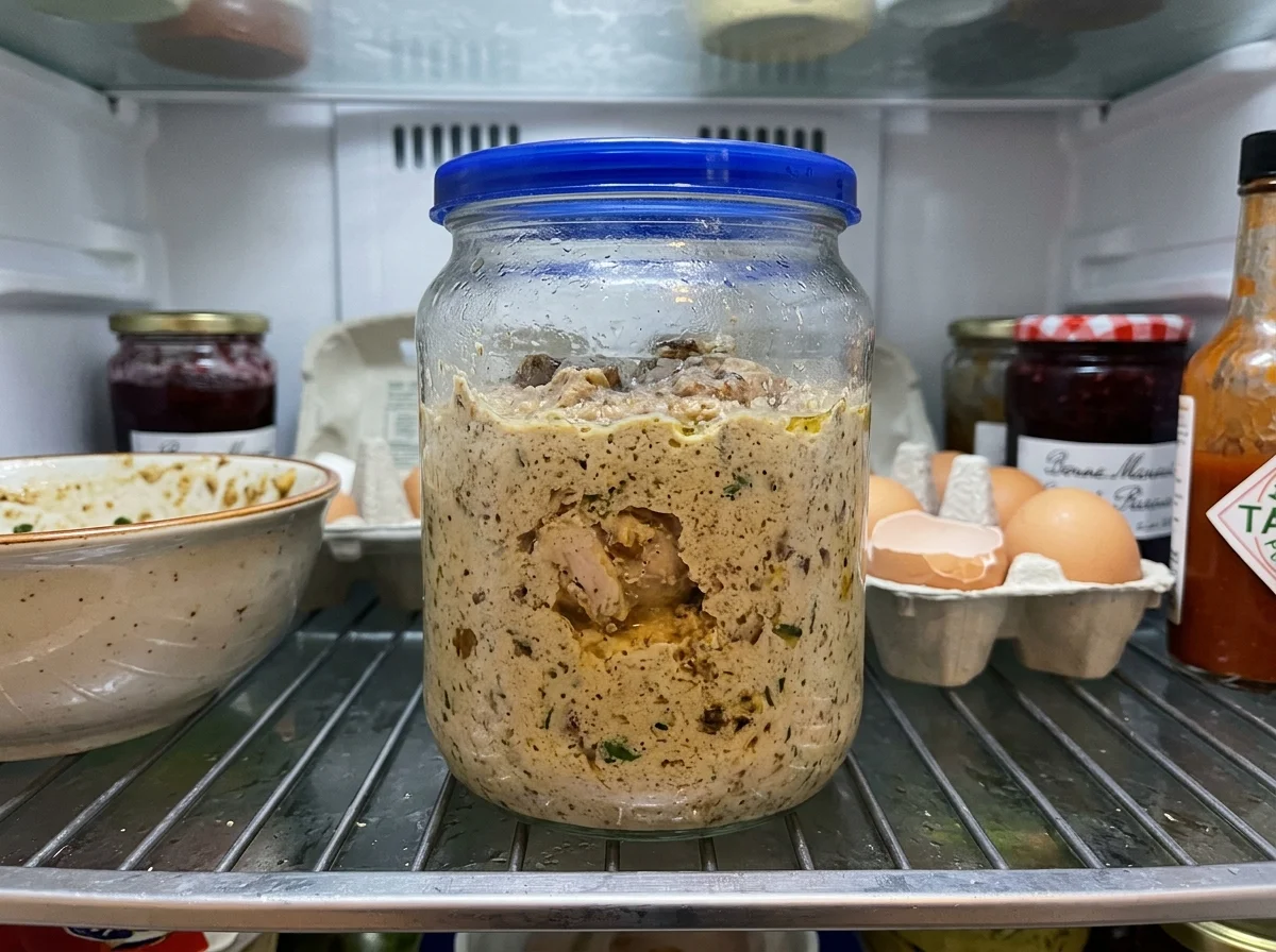 ガラス容器に入ったサチヴィが冷蔵庫に保存されている様子