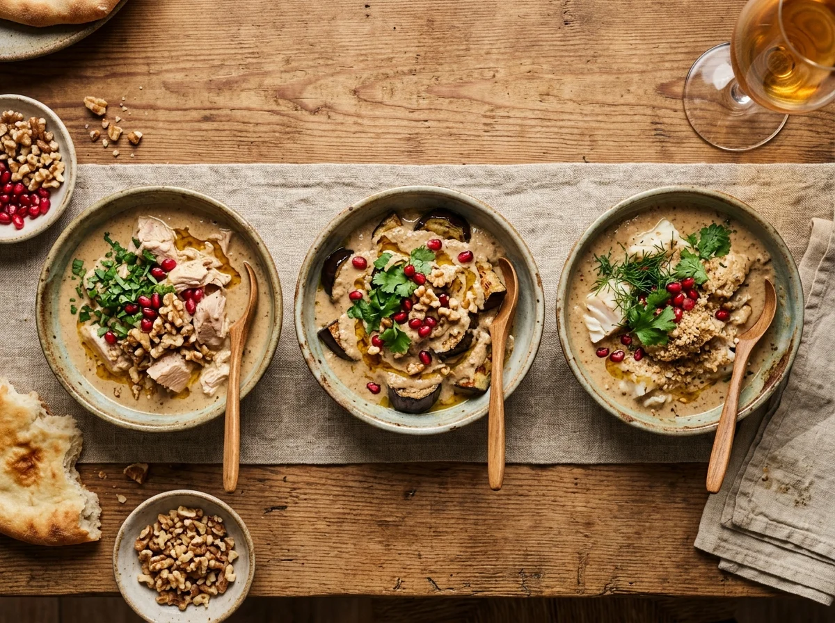 鶏肉・なす・魚の3種類のサチヴィが小さな陶器の器に盛られ、並んでいる