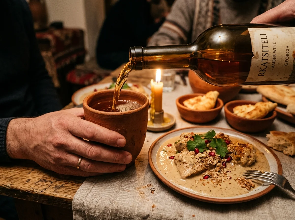 オレンジワインがジョージアの粘土杯に注がれ、サチヴィの皿が横に添えられている