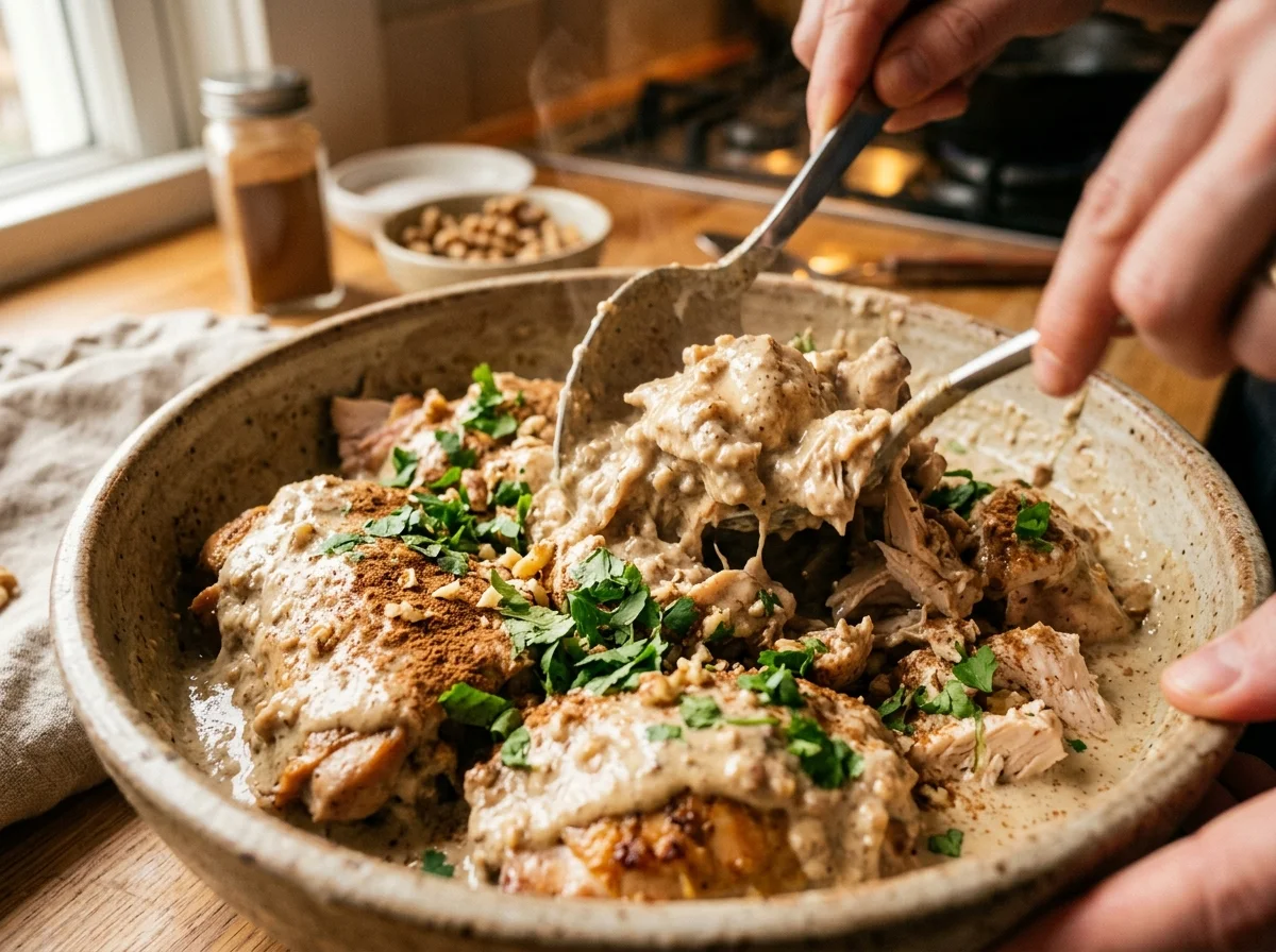 手順15: 白ワインビネガーを加え、塩味を調整する。味見をして、酸味・塩味・くるみのコクのバランスが取れていればソースの完成。