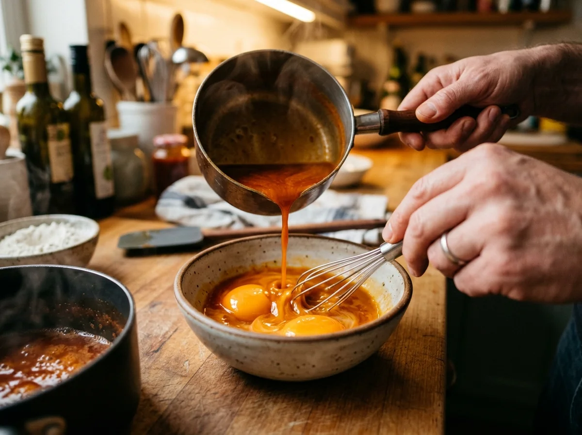 卵黄をテンパリングしている工程。小さなボウルに卵黄と少量のソースを混ぜている