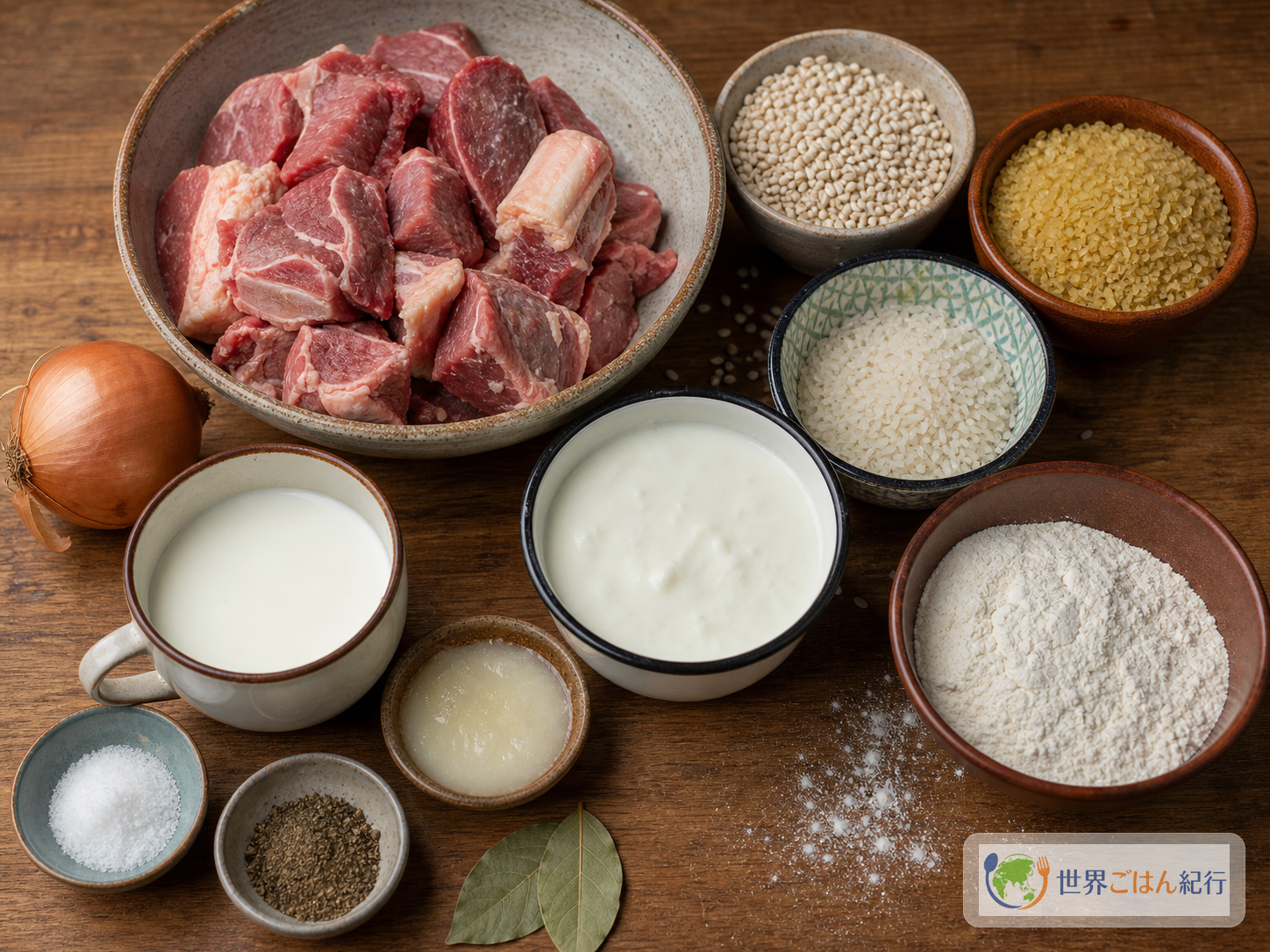 牛すね肉、押し麦、粗びきブルグル、米、小麦粉、ケフィア、牛乳、玉ねぎ、塩を台所に並べた材料