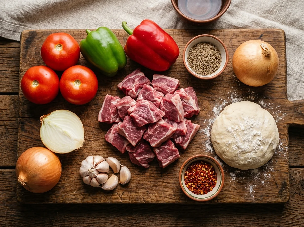 ラグマンの材料。ラム肉、トマト、パプリカ、玉ねぎ、にんにく、クミン、手打ち麺生地が並ぶ