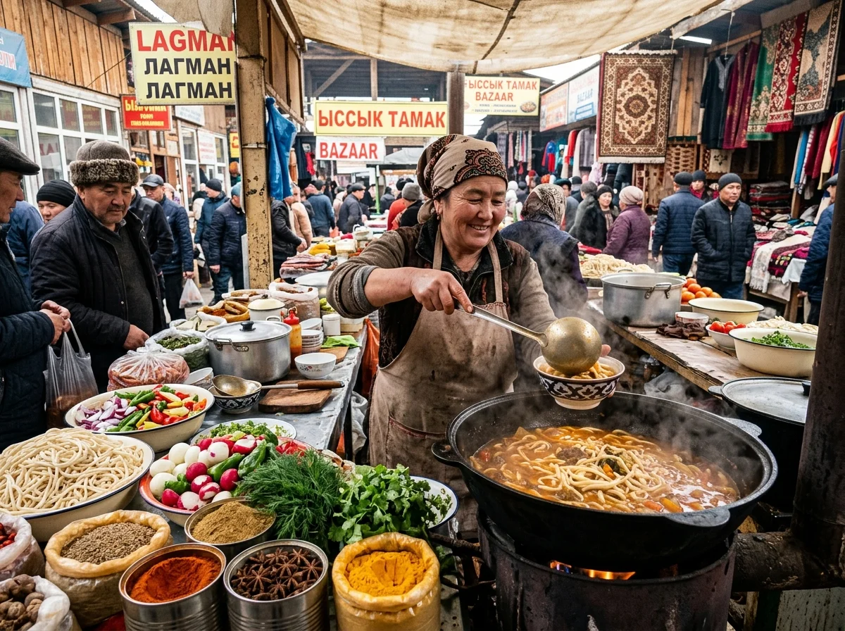 キルギスのバザールでラグマンを提供する屋台。大きなカザンからスープを注いでいる