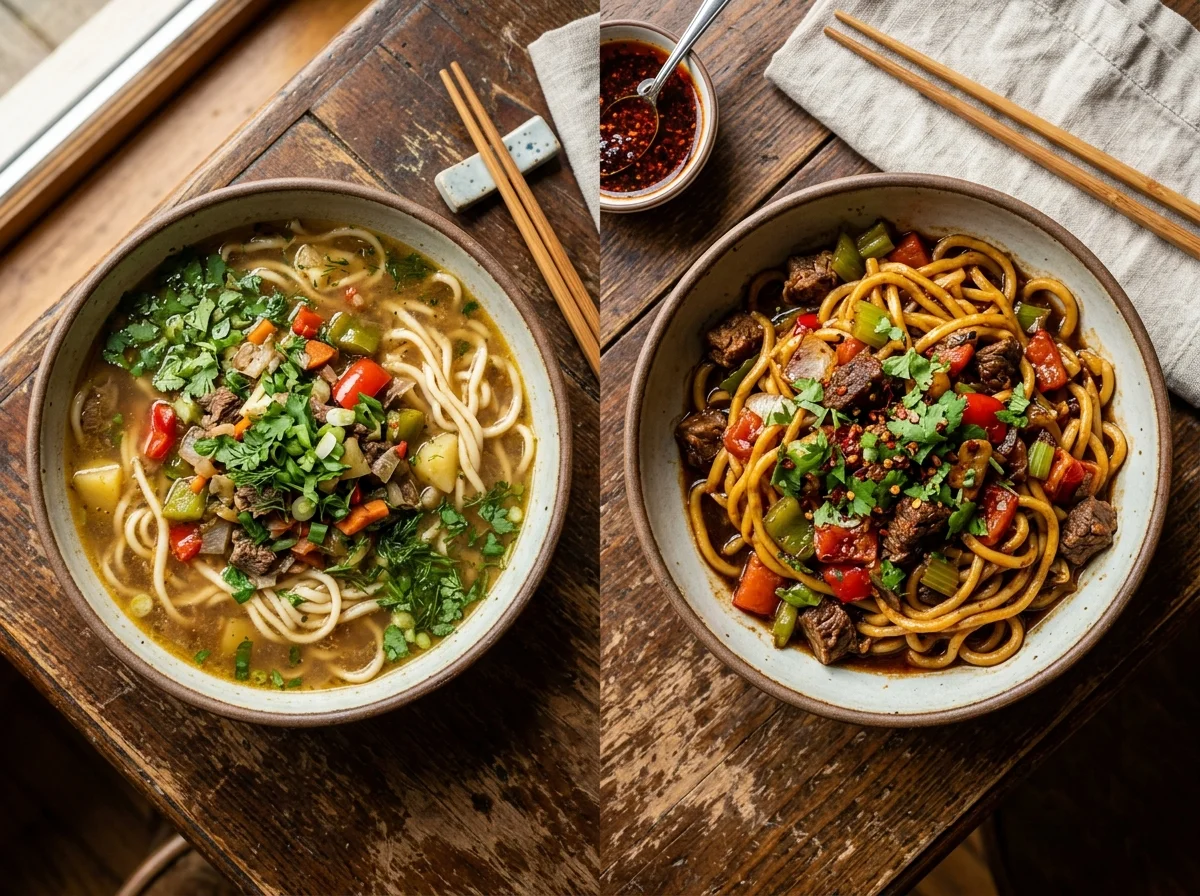 スープラグマンと炒めラグマン(ギュイルーラグマン)の2つのスタイルを比較した写真