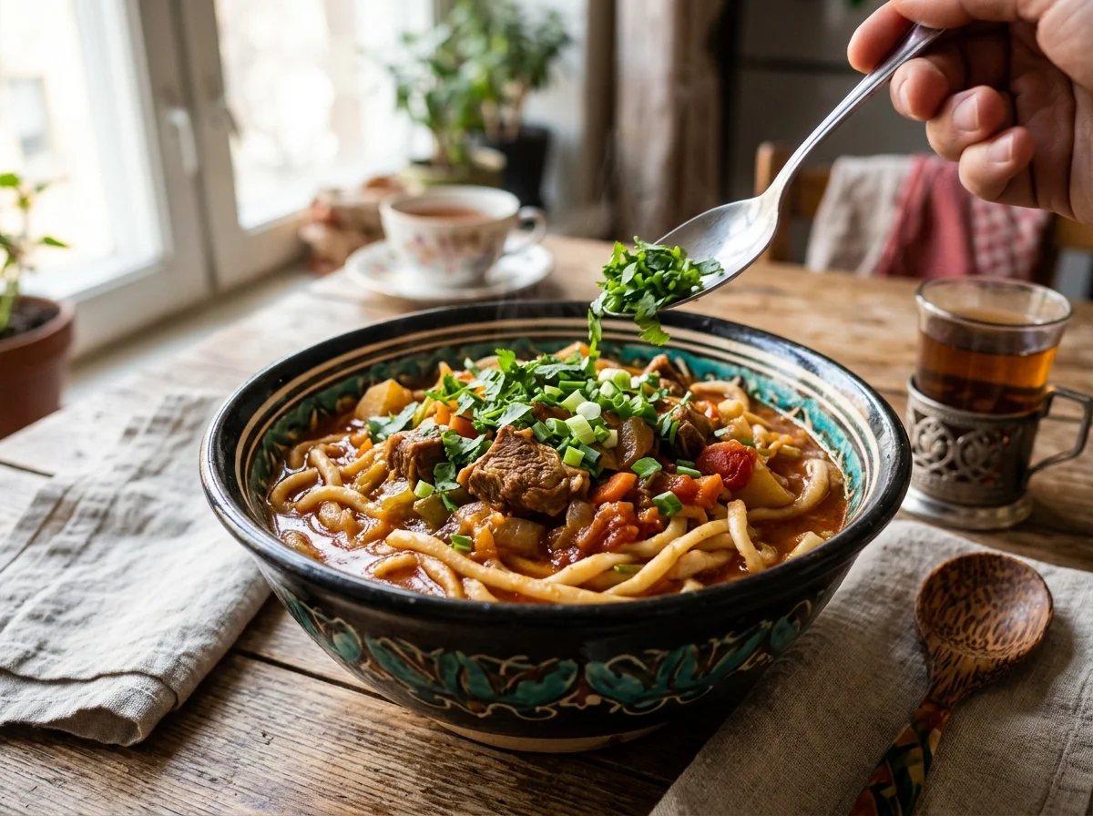 完成したラグマンに薬味が添えられている。パクチーと小ねぎの鮮やかな緑がスープの赤と対比を成す