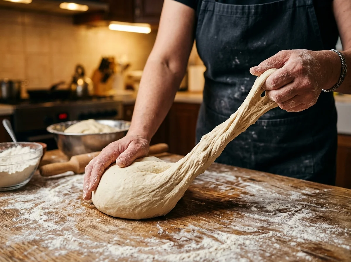 手順1: 強力粉・塩・卵・水をこね、なめらかな生地を作る。ラップで包んで最低1時間休ませる