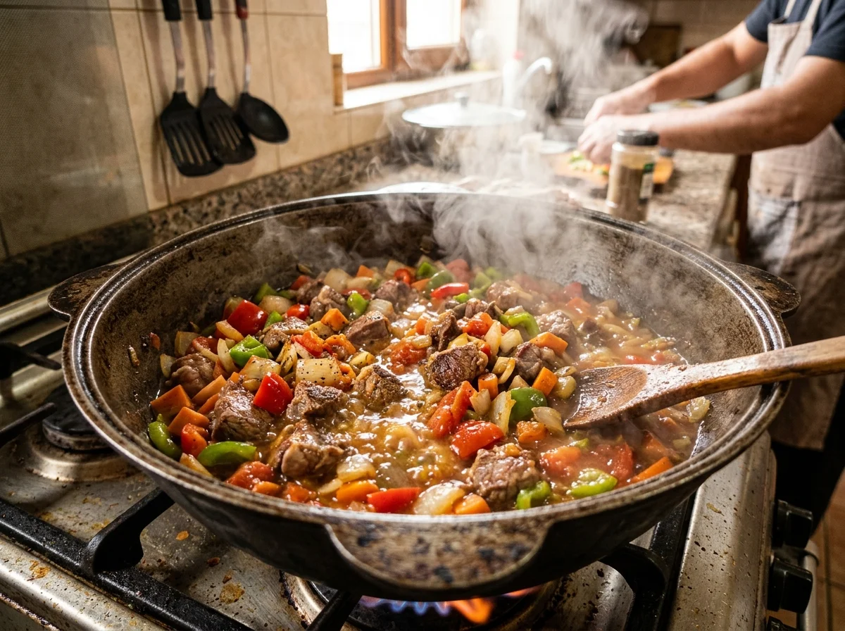 手順6: トマト・トマトペースト・パプリカ・にんじん・大根・じゃがいもを加え、水1.2Lを注ぐ。煮立ったらアクを取り、弱火で40分煮込む